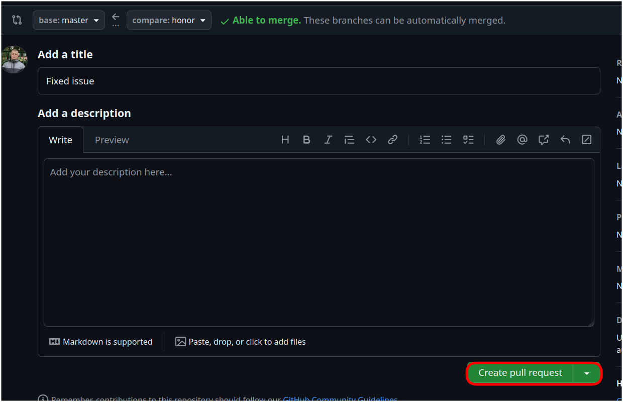 Create pull request button